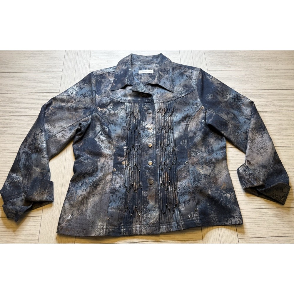 Coldwater Creek 14 Blue, Copper Abstract‎ Pleated Beaded Snap Front Jean Jacket
